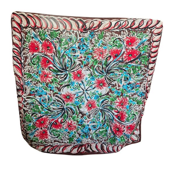 Vintage Floral Print Scarf Square With Red & Blue Flowers Brown Edge CM2002 - Picture 1 of 9